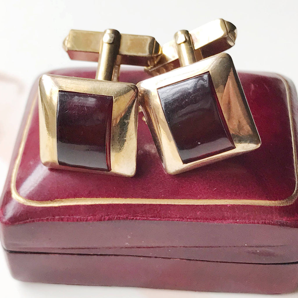 Vintage Swank Gold-Tone & Red Rhinestone Rectangular Cufflinks- Mid-Century