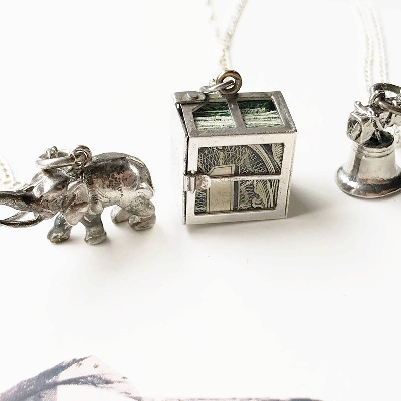 Vintage charm necklace | elephant, Liberty Bell Philadelphia, dollar bill vintage charms | gift for good luck | gift for entrepreneur