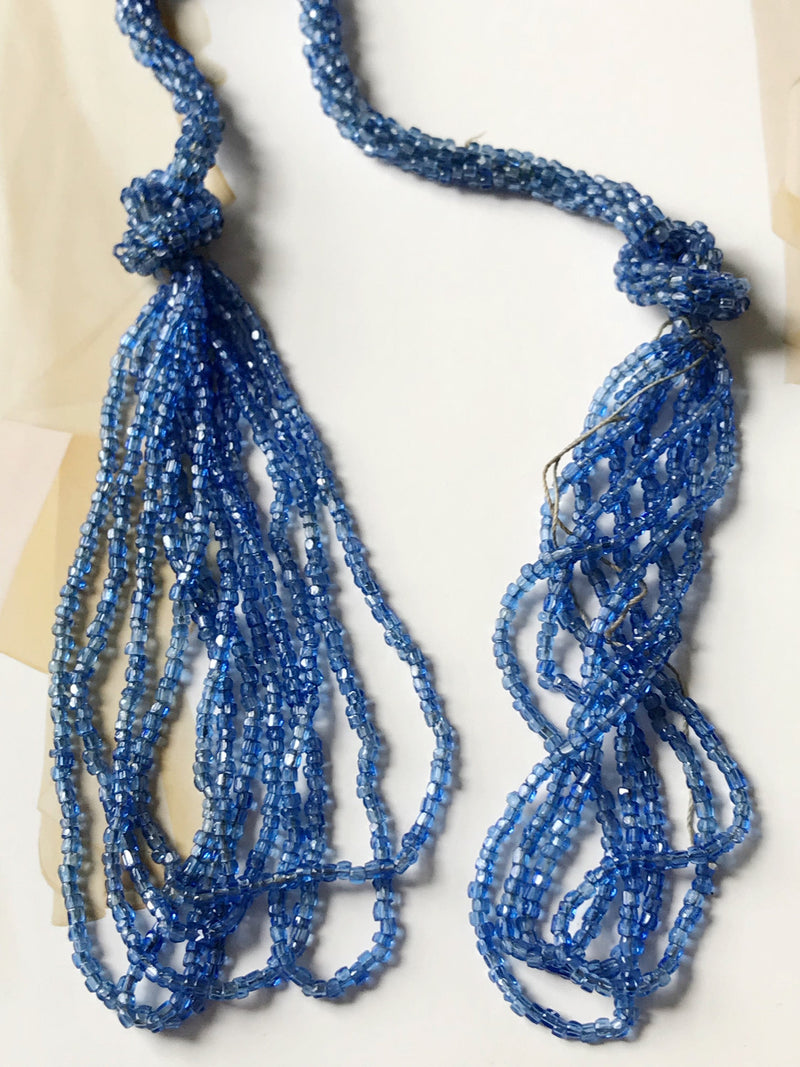 Antique flapper necklace | 1920's Art Deco long glass beaded lariat style sautoir necklace | blue, yellow, copper tubular bead necklace