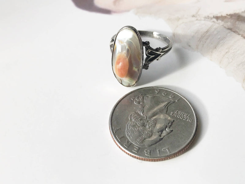 Art Deco blister pearl ring | vintage 1940's pearl abalone sterling silver ring | heart and pearl ring | late Art Deco | size 6 1/4