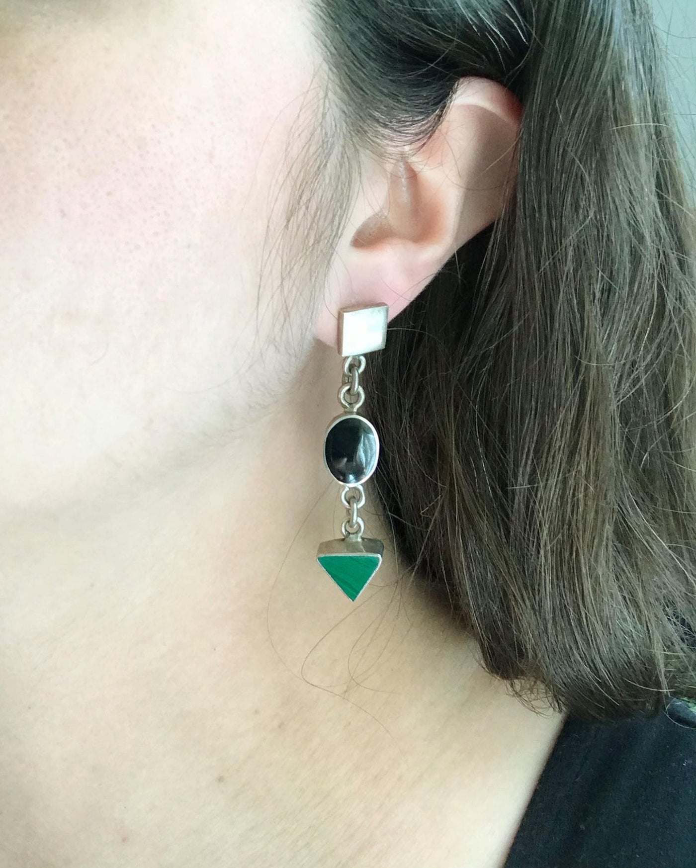 Vintage Mexico sold Malachite & Sterling Silver Abstract Leaves Push Back Earrings