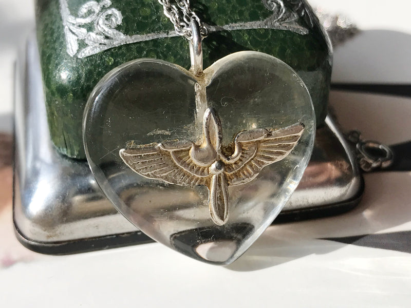 Vintage WWII Army Air Corps sweetheart heart necklace | sterling silver lucite jewelry | 1940's Army Air Force Military collectible jewelry