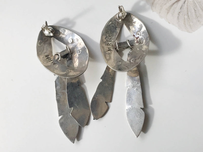 Vintage feather earrings | sterling silver large signed Southwestern statement earrings | Native American sun symbol stamped earrings