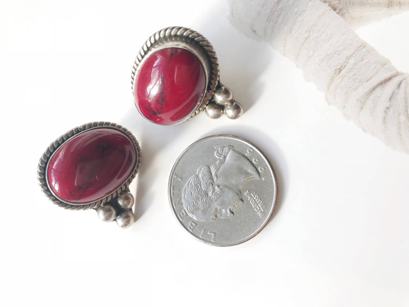 Vintage red jasper earrings | Mexican silver red stone studs | Native American Southwestern coral color earring | endurance protection stone