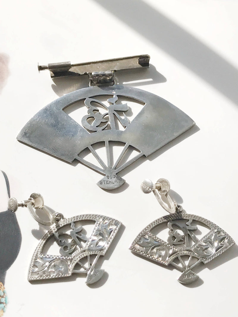 Art Deco Japanese fan earrings and brooch set | 1920's Asian Chinese Japanese character bamboo folding fan jewelry | screw back earrings