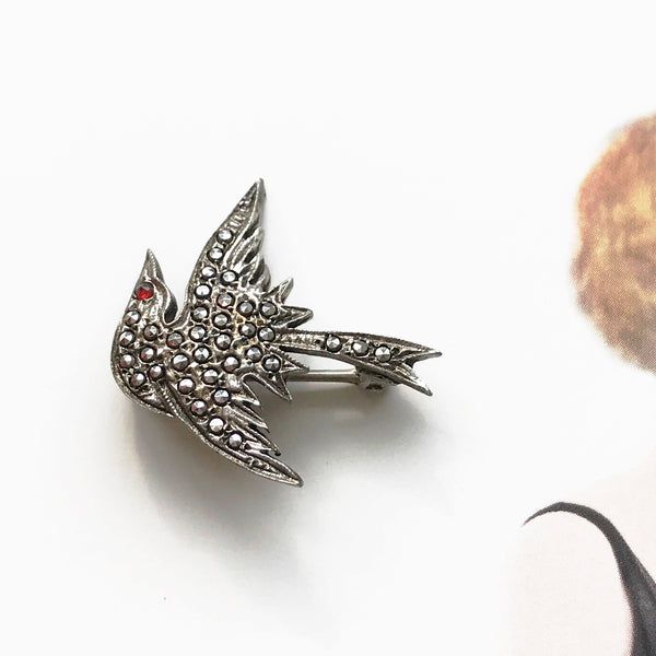 Vintage swallow bird pin | 1940's Art Deco sterling silver marcasite flying bird brooch | freedom, hope, love and loyalty animal pin