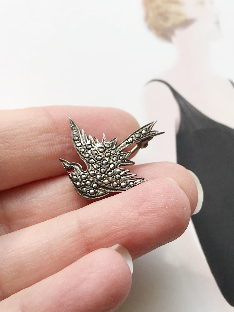 Vintage swallow bird pin | 1940's Art Deco sterling silver marcasite flying bird brooch | freedom, hope, love and loyalty animal pin