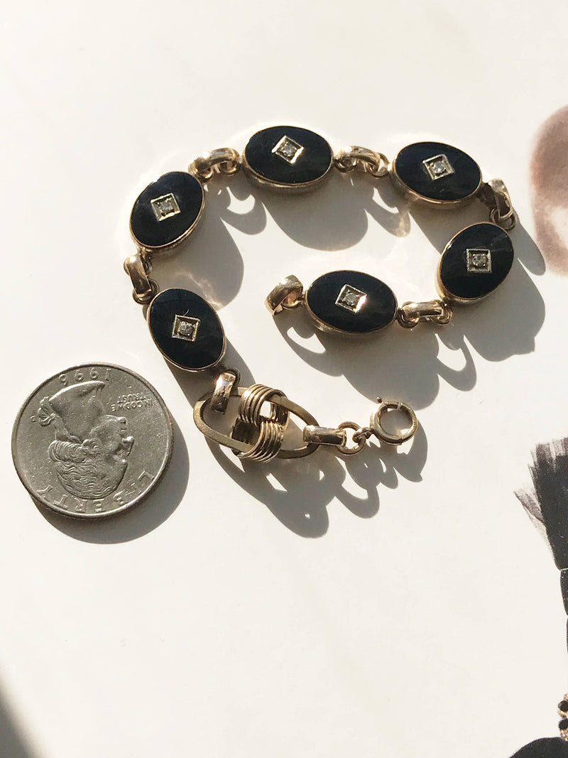 Art Deco onyx and diamond bracelet | 1930's gold filled link bracelet | alternative bride bracelet | black stone diamond bracelet
