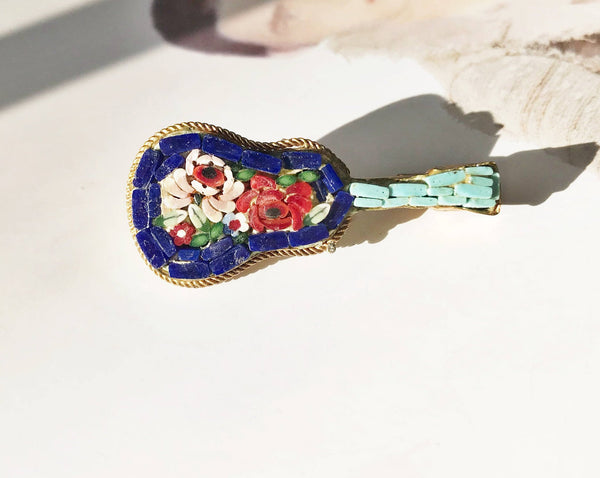 Vintage micromosaic guitar pin | Italian multicolored glass mosaic jewelry | guitar musical instrument brooch | gift for musician