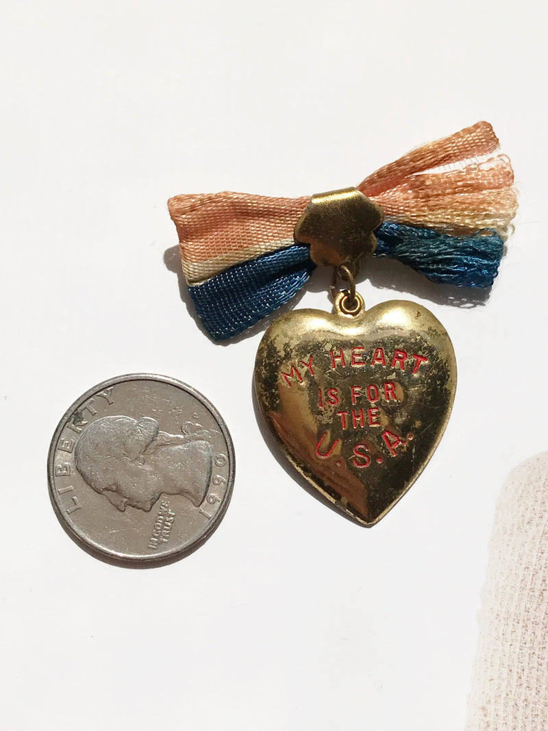 WWII USA pin | vintage military my heart for the USA patriotic ribbon pin | red white and blue U.S.A. brooch | 1940's sweetheart jewelry