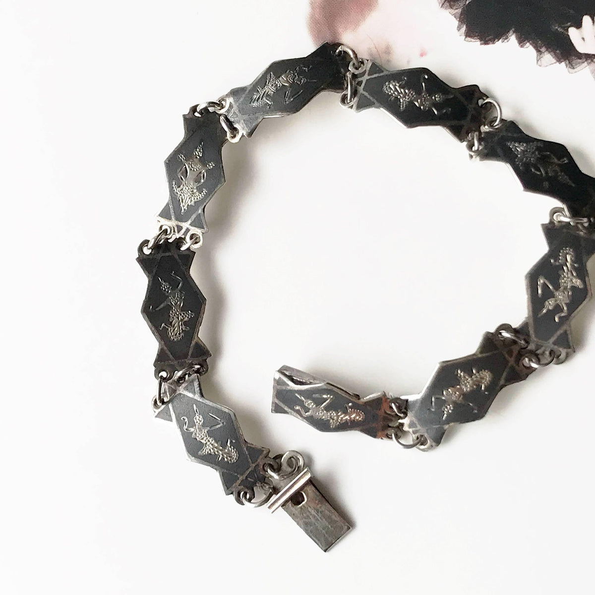 Vintage Bookchain Bracelet Asian Villiage Black Glass good Panels with Opaline Accents