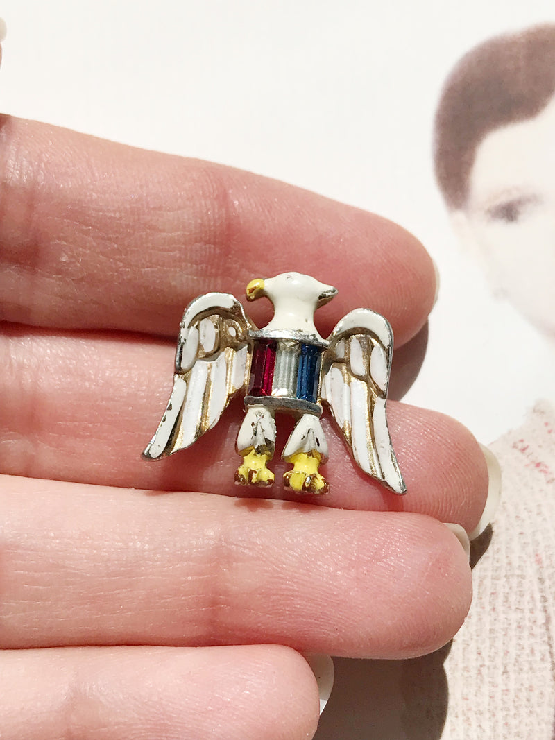 Vintage Coro eagle patriotic pin | 1940's WWII red, white and blue USA rhinestone pin | gift for military | enamel bird costume jewelry