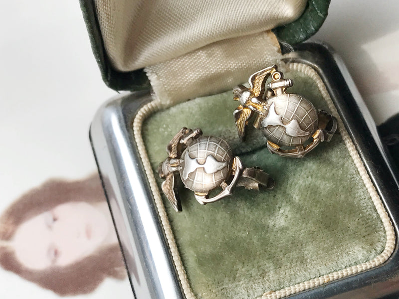 Vintage Marine earrings | 1940's WWII military US Marines clip on earrings | 1940's sweetheart jewelry | gift for military wife mother