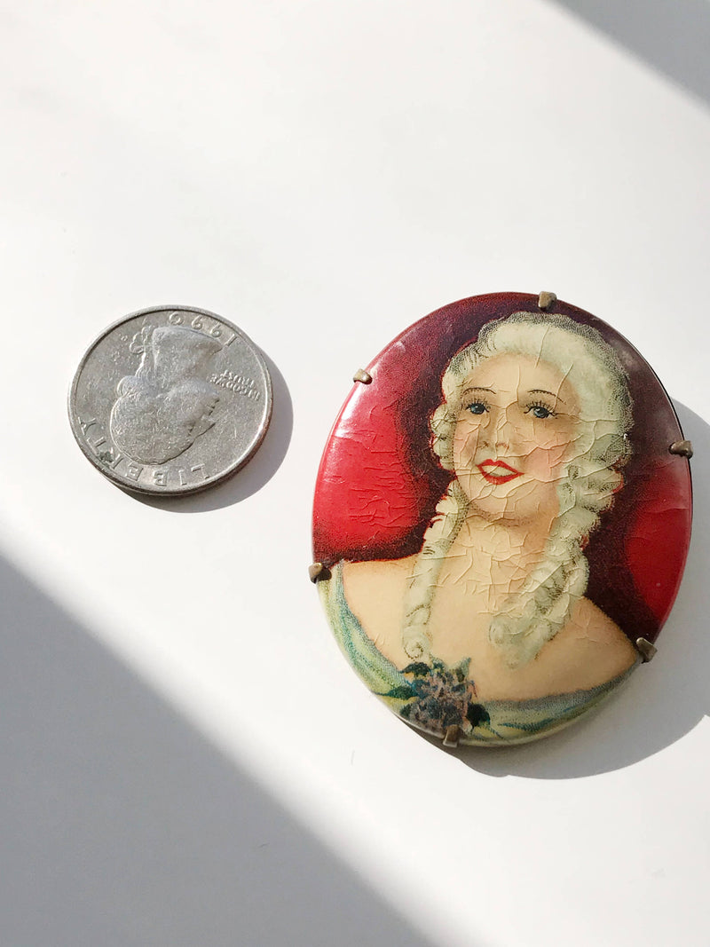 1920's flapper girl pin | lithograph print on celluloid Art Deco brooch | French woman theater Ziegfeld follies picture pin | large Deco pin