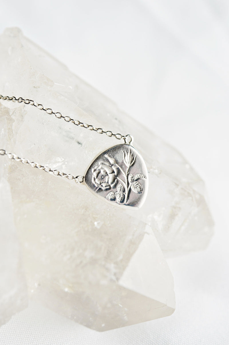 Rose remembrance necklace | miscarriage rainbow baby stillborn baby child loss | funeral grief flower jewelry | intaglio engraved charm