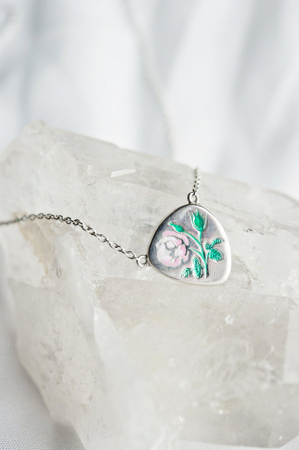 Rose remembrance necklace | miscarriage rainbow baby stillborn baby child loss | funeral grief flower jewelry | intaglio engraved enamel