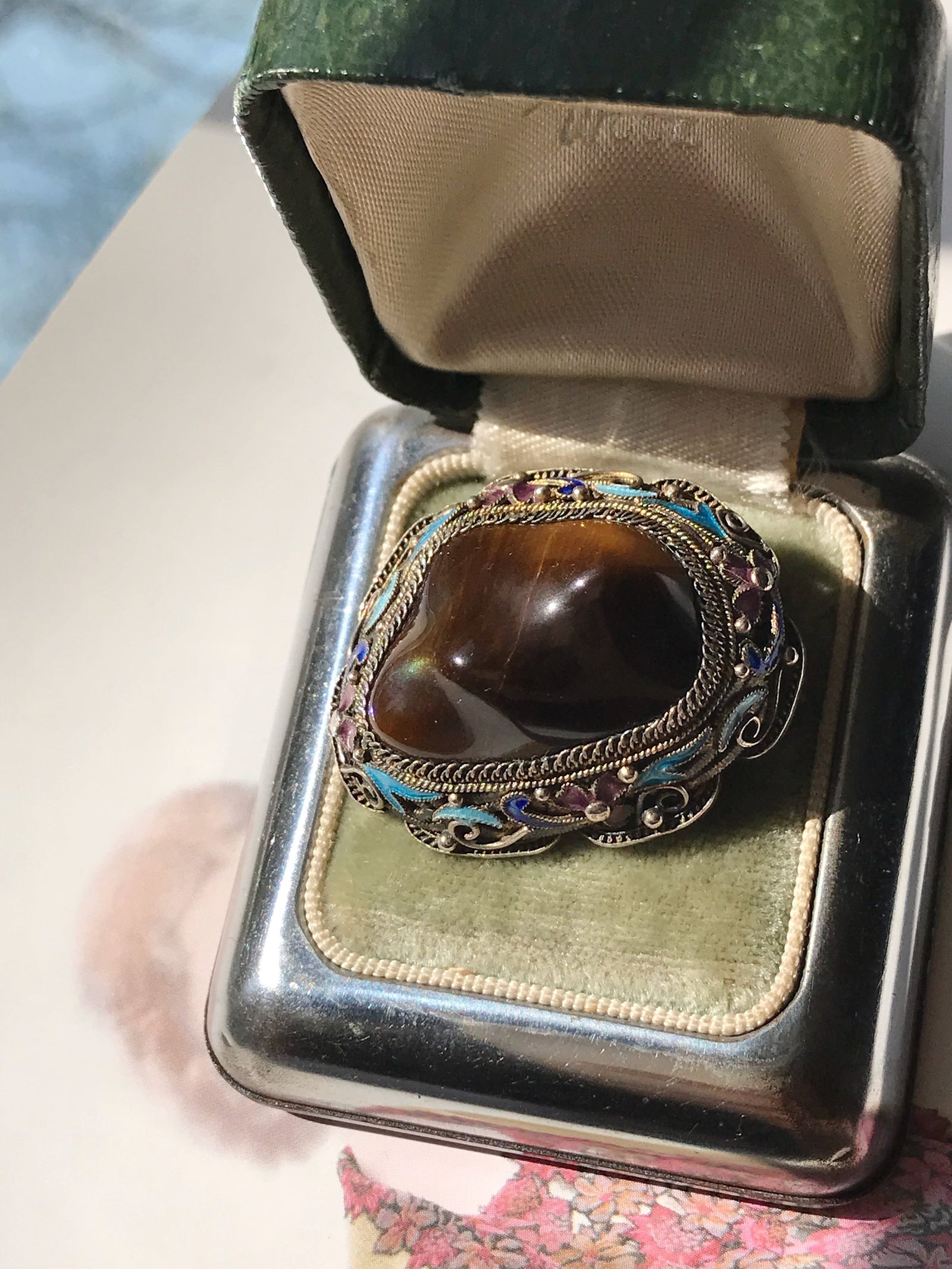 Vintage Silver Vermeil Chinese Art Deco Tigers Eye store Brooch/Pin [4318]