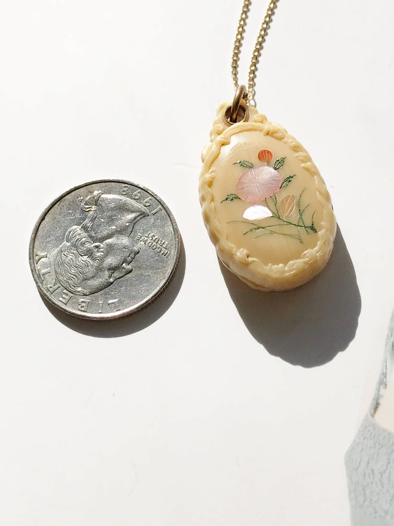 Rare 1920's slide flower butterfly locket | celluloid mother of pearl geisha locket | Asian Japanese Art Deco pinup risque souvenir jewelry