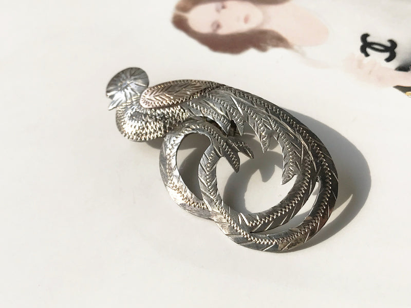 Vintage Quetzal bird pin | South Central American Guatemala made jewelry | silver and copper tropical bird brooch | 1940's souvenir jewelry