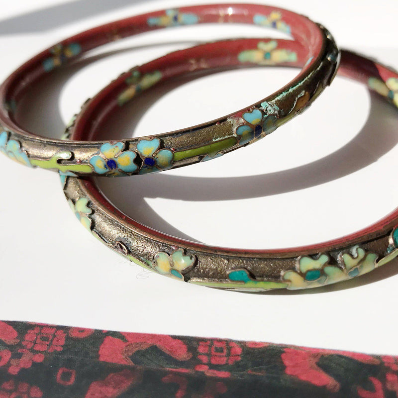 Vintage flower enamel bracelets | 1940's Chinese export Asian bangles | red, gold, green Art Deco floral jewelry | Asian bride bracelets