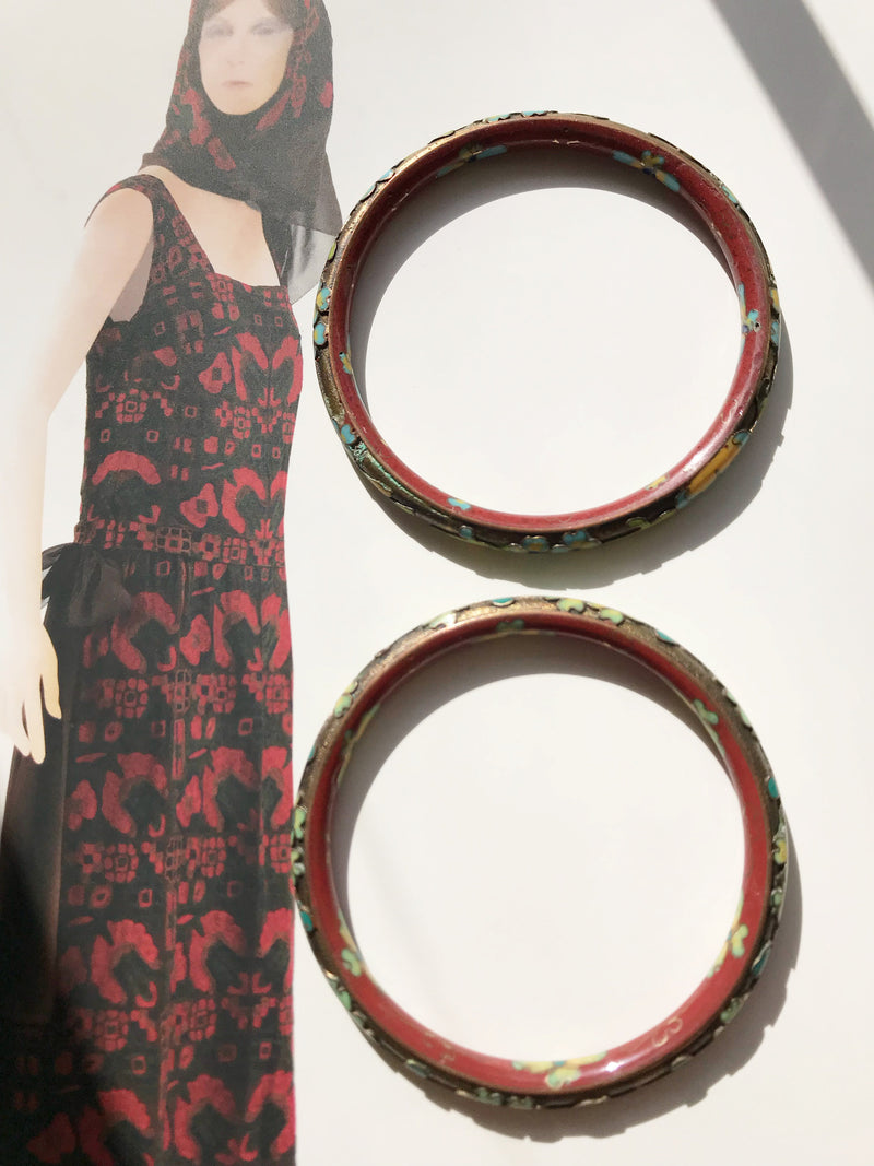 Vintage flower enamel bracelets | 1940's Chinese export Asian bangles | red, gold, green Art Deco floral jewelry | Asian bride bracelets