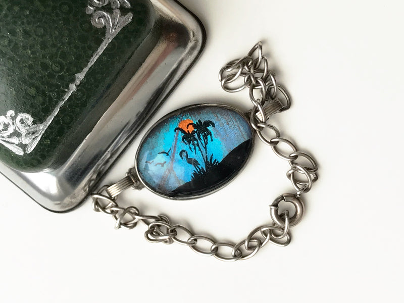 Vintage souvenir bracelet | blue morpho butterfly wing with flamingo, birds, palm trees | 1940's travel jewelry | beach bride