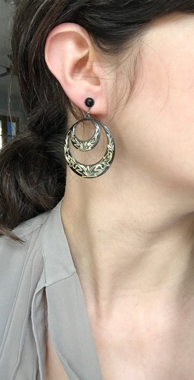 Vintage niello screw back hoop earrings | 1940's large statement etched 950 silver earrings | double hoop flower black nielloware earrings