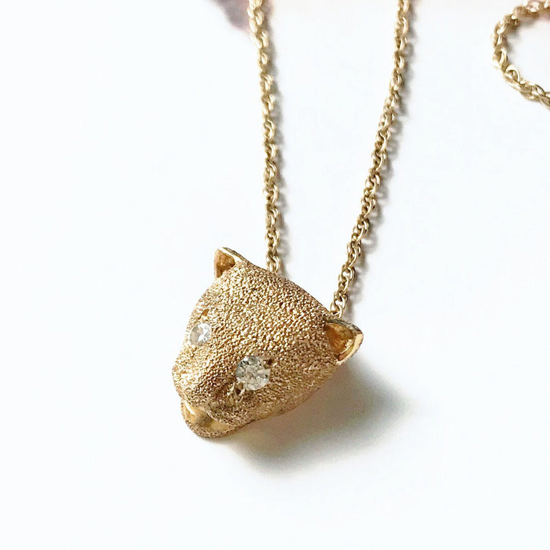 Vintage cat necklace | 1970's jaguar head diamond charm | diamond eyes cat outline | strength protection charm | gift for cat lover