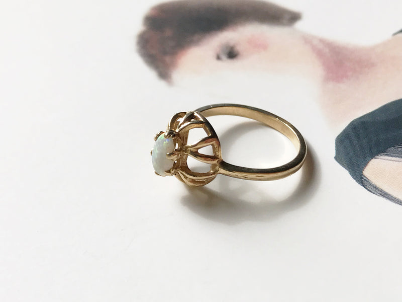 Vintage opal ring | retro 1960's 14k gold small opal ring | bohemian pinky rainbow sea urchin ring | October birthday girl ring | size 3.5
