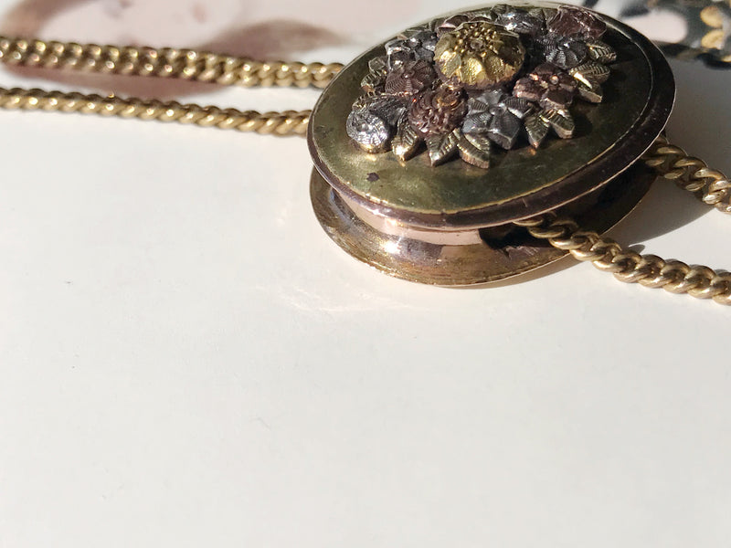 Edwardian flower slide pendant necklace with fob | vintage 1900's rose gold filled floral engraved charm necklace | simulated citrine fob