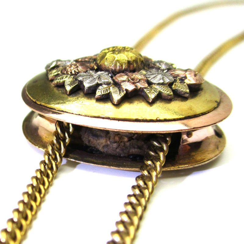 Edwardian flower slide pendant necklace with fob | vintage 1900's rose gold filled floral engraved charm necklace | simulated citrine fob