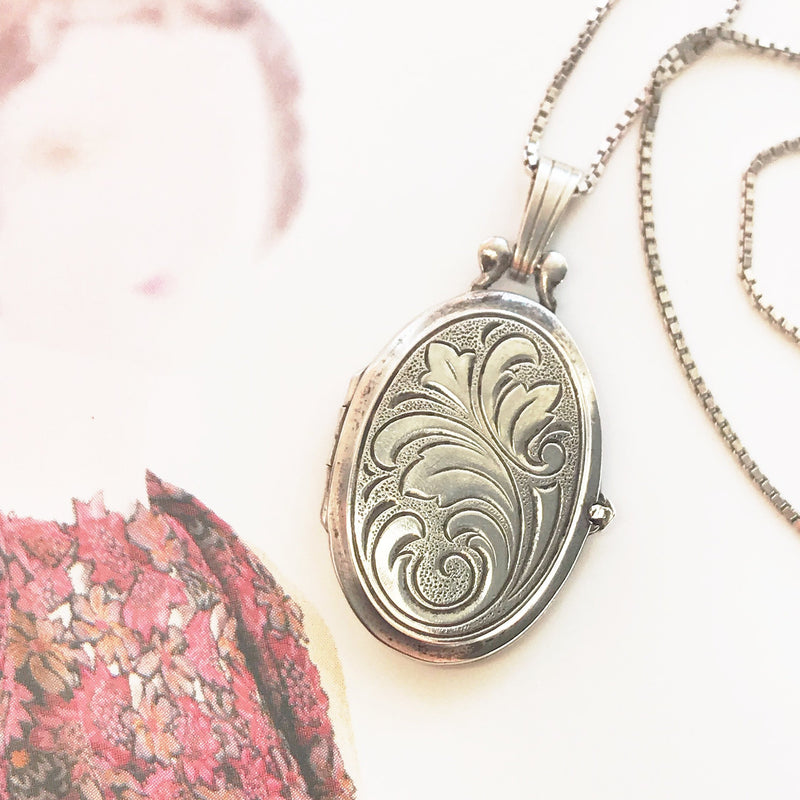 Vintage silver locket | 1950's engraved floral picture locket necklace | 835 silver bridal locket | anniversary Mother's Day gift for her
