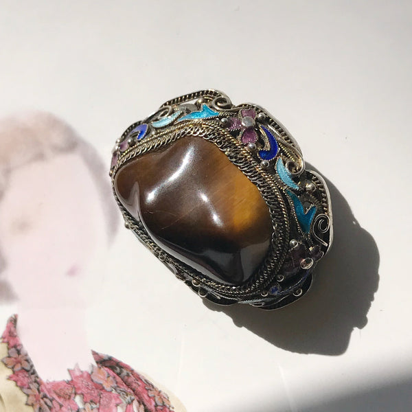 Rare 1920's Chinese export tiger's eye enamel brooch |  silver gilt brown stone statement flower floral pin | Art Deco bridal jewelry