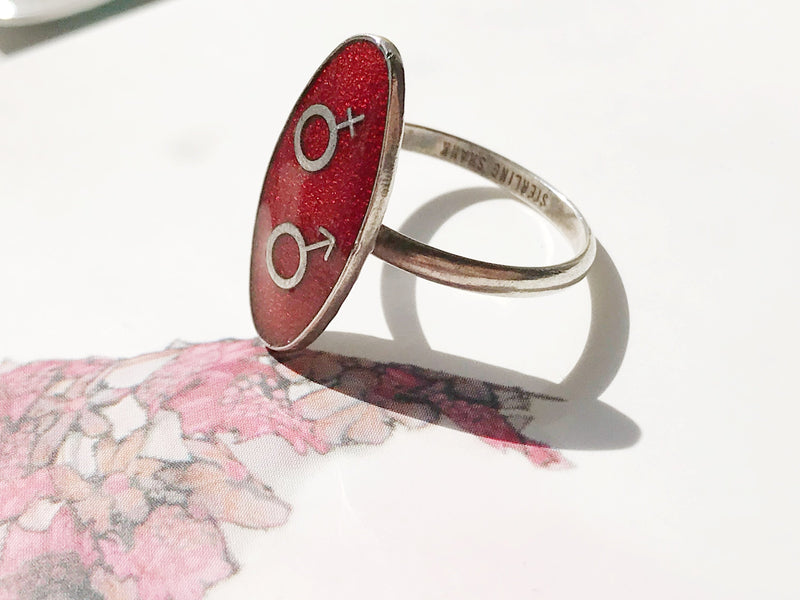 Vintage enamel man woman mars venus ring | oval red statement ring | 1970's hippie bohemian sexual identity political ring | size 6 1/4