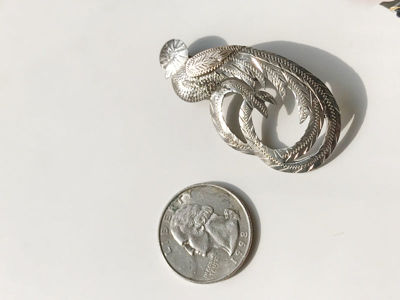 Vintage Quetzal bird pin | South Central American Guatemala made jewelry | silver and copper tropical bird brooch | 1940's souvenir jewelry