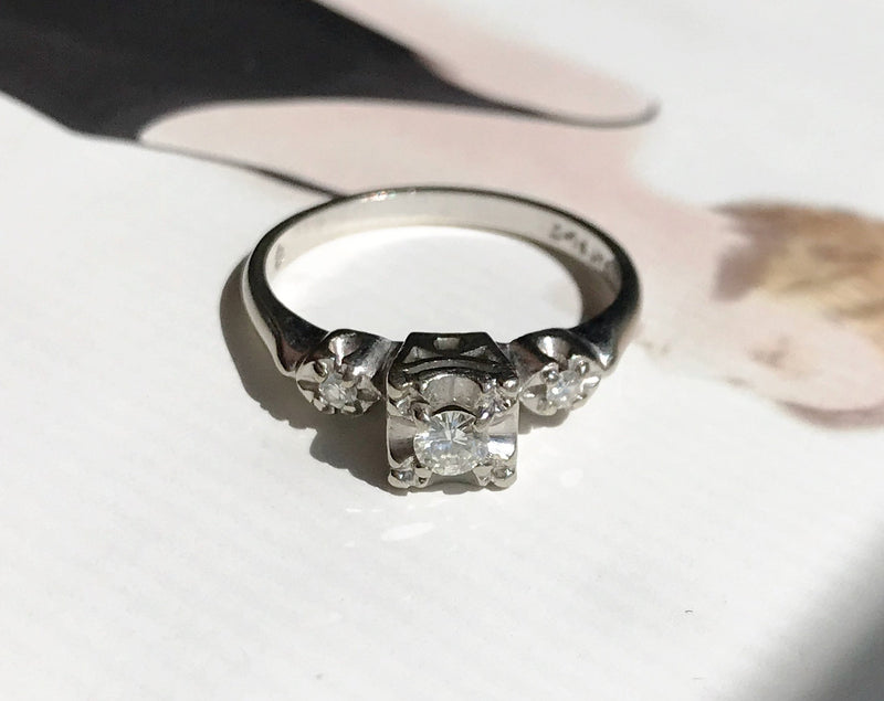 Vintage Engagement Ring | 14k White Gold 1940's Diamond Wedding Ring | Size 6 1/4 | Promise Trilogy three diamond ring | small dainty ring