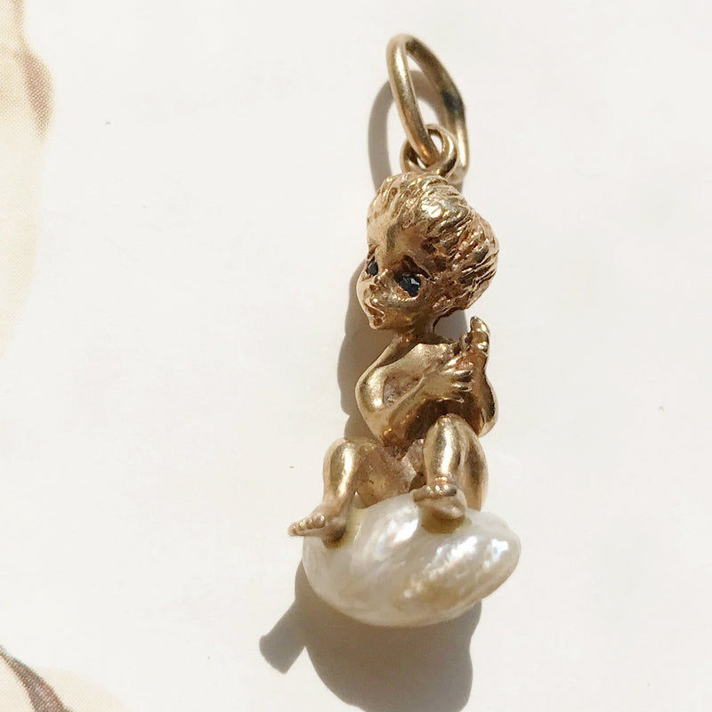 Rare William Ruser vintage cherub charm | 14k gold sapphire Mississippi freshwater baroque pearl | Monday's Child charm | Tuesday's Child