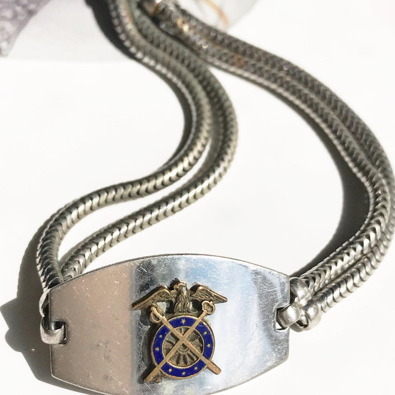 Vintage WWII Army Quartermaster Corps Officer sweetheart bracelet | 1940's Army Military collectible jewelry | vintage army tag snake chain