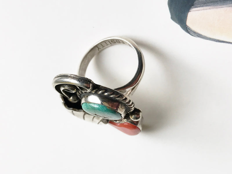 Vintage turquoise and coral ring | Native American Navajo signed Edsitty sterling silver ring | large arrowhead boho jewelry | size 5 3/4
