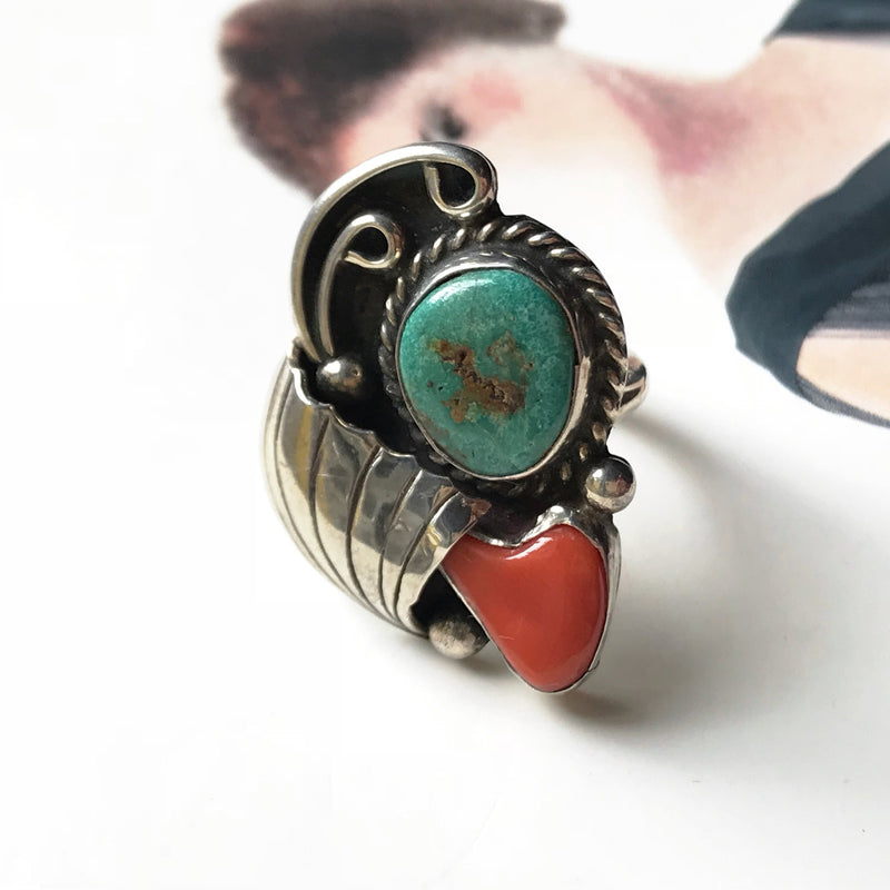 Vintage turquoise and coral ring | Native American Navajo signed Edsitty sterling silver ring | large arrowhead boho jewelry | size 5 3/4