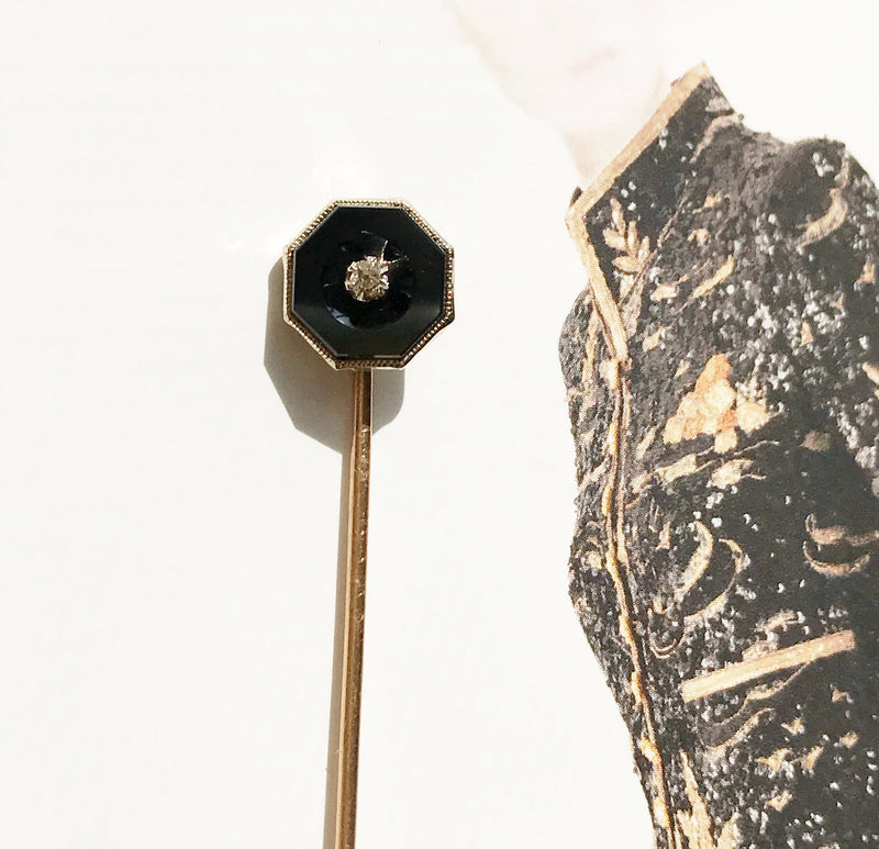 Antique onyx and diamond stick pin | octagon black stone jewelry | Art Deco 1920's 14k gold | gift for husband best man | Peaky Blinder pin