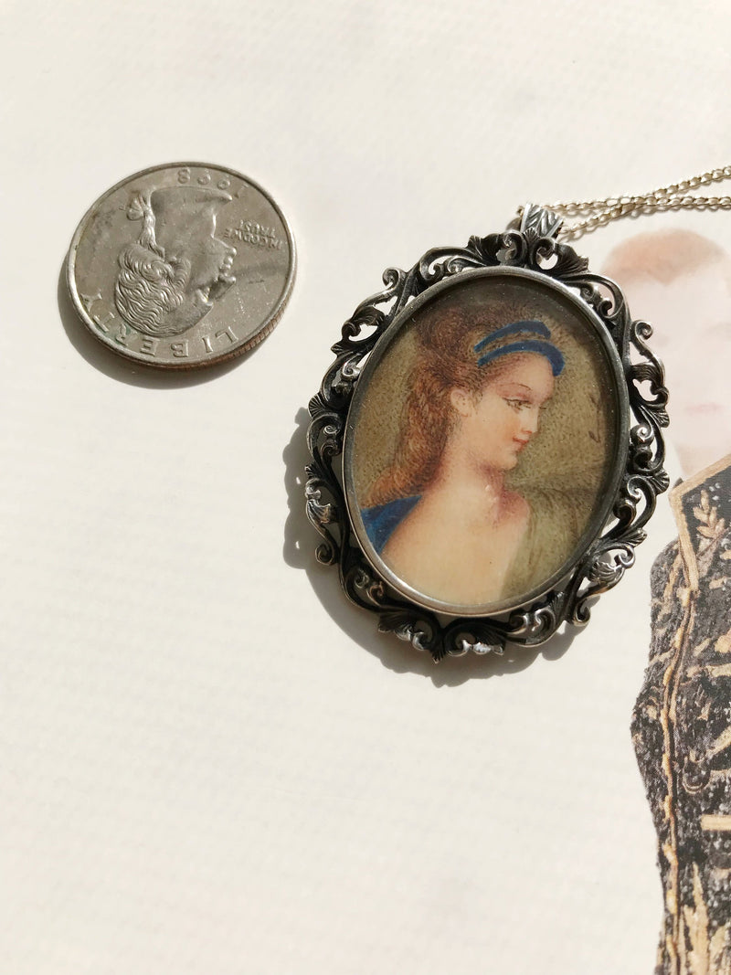 Vintage painting necklace | 1940's hand painted renaissance lady woman pendant brooch | Art Deco romantic 2 in 1 bridal jewelry