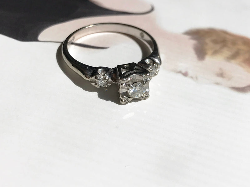 Vintage Engagement Ring | 14k White Gold 1940's Diamond Wedding Ring | Size 6 1/4 | Promise Trilogy three diamond ring | small dainty ring