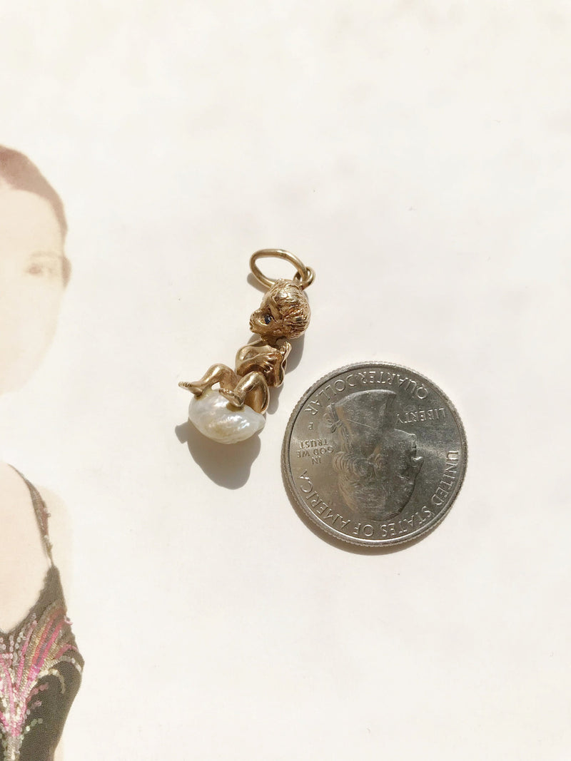Rare William Ruser vintage cherub charm | 14k gold sapphire Mississippi freshwater baroque pearl | Monday's Child charm | Tuesday's Child