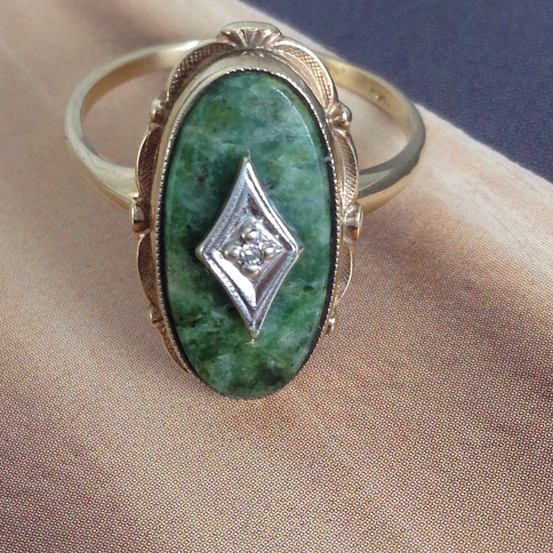 Art Deco diamond and green stone ring | vintage 1930's 10k gold oval green jasper cocktail ring | protection and healing stone | size 6 1/2