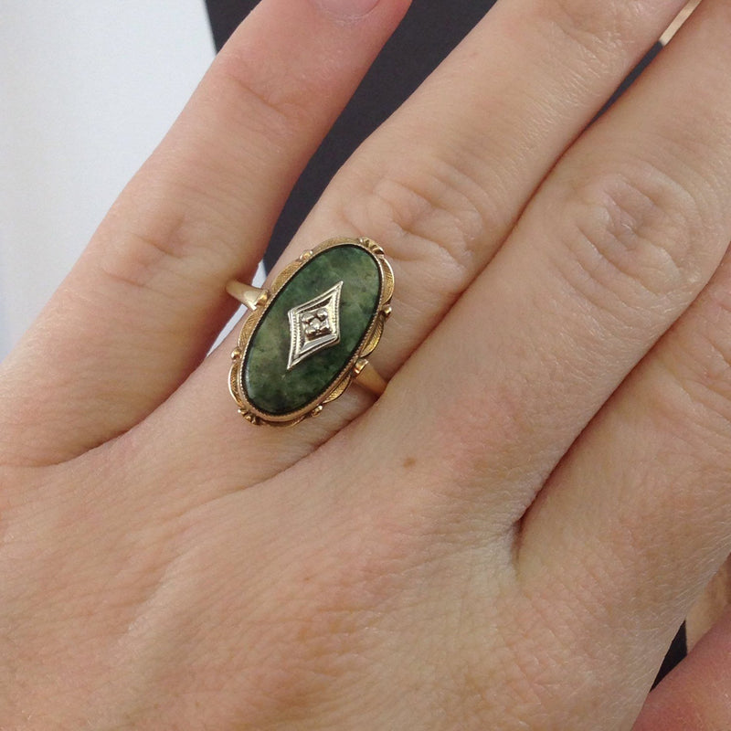 Art Deco diamond and green stone ring | vintage 1930's 10k gold oval green jasper cocktail ring | protection and healing stone | size 6 1/2